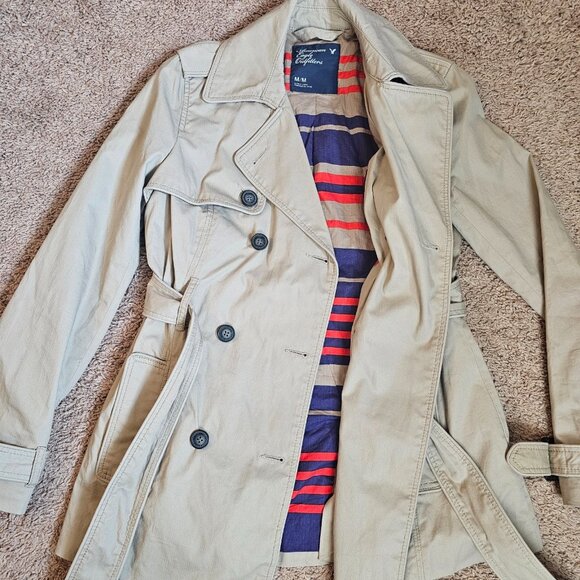 American Eagle Outfitters Trench Coat Womens Med Beige Double Breasted Belted - Picture 4 of 16